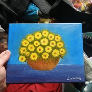 Yellow Floral Bouquet on Blue Canvas